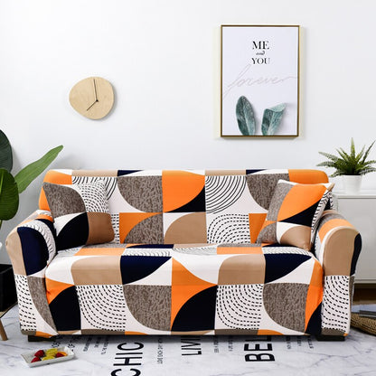 Anyhouz 2 Seater Sofa Cover Orange Geometric Style and Protection For Living Room Sofa Chair Elastic Stretchable Slipcover