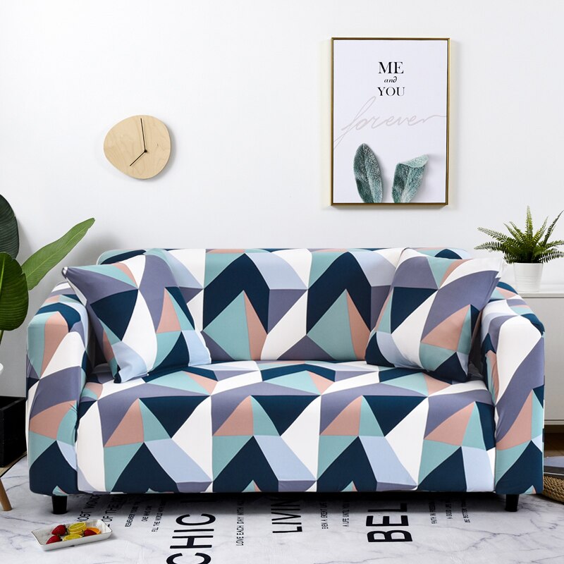 Anyhouz 4 Seater Sofa Cover Blue White Geometric Style and Protection For Living Room Sofa Chair Elastic Stretchable Slipcover