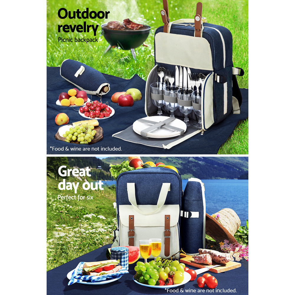 Alfresco 4 Person Picnic Basket Set Backpack Bag Insulated Blue