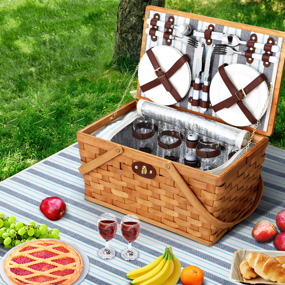 Alfresco 4 Person Picnic Basket Set Wooden Blanket Bag Insulated