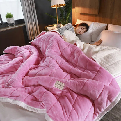 Anyhouz Blanket Light Pink Coral Fleece Autumn Winter Warm 3 Layers Thicken Flannel Soft Comfortable Warmth Quilts Washable 120x200cm