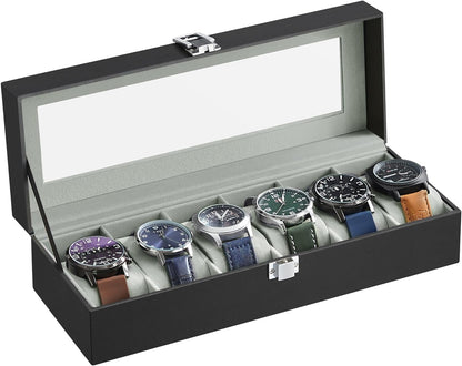 SONGMICS Watch Box for 6 Watches with Glass Lid and Removable Watch Pillows Black Synthetic Leather Grey Lining