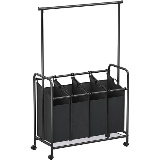 SONGMICS 4-Bag Laundry Sorter Rolling Cart with Hanging Bar Heavy-Duty Wheels Black