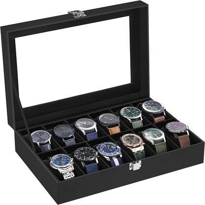 SONGMICS 12-Slot Watch Box with Large Glass Lid and Removable Watch Pillows Black Lining