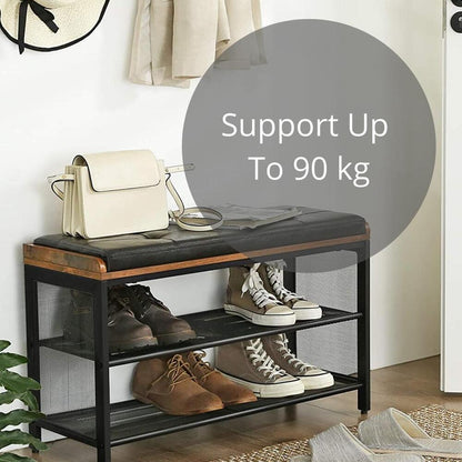 VASAGLE Shoe Bench Padded Bench with Mesh Shelf Shoe Rack Brown Black LBS75X