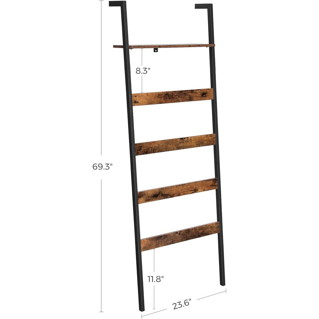 VASAGLE Blanket Ladder Wall-Leaning Rack with Storage Shelf Rustic Brown and Black LLS012B01