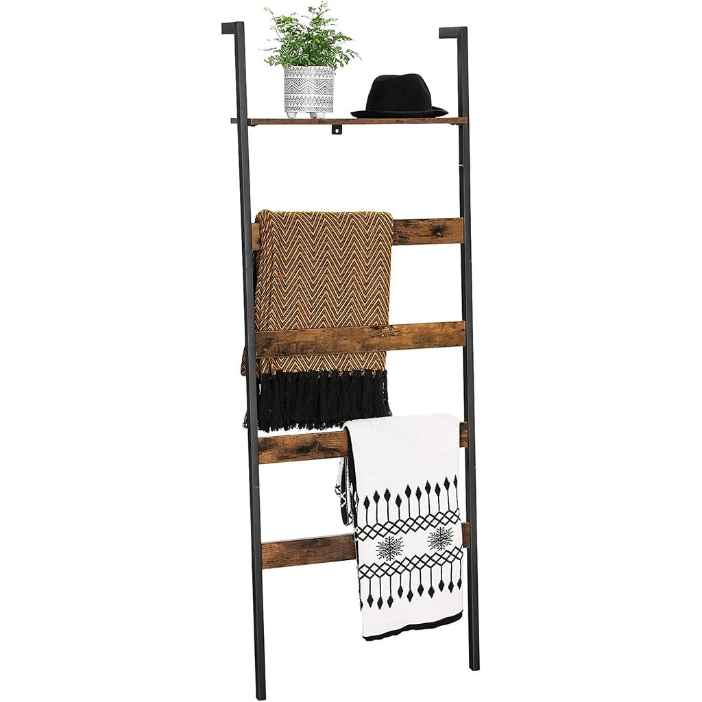 VASAGLE Blanket Ladder Wall-Leaning Rack with Storage Shelf Rustic Brown and Black LLS012B01