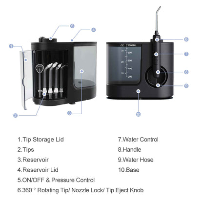 Water Jet Dental Flosser 1000ml Black - Electric Oral Pressure Irrigator