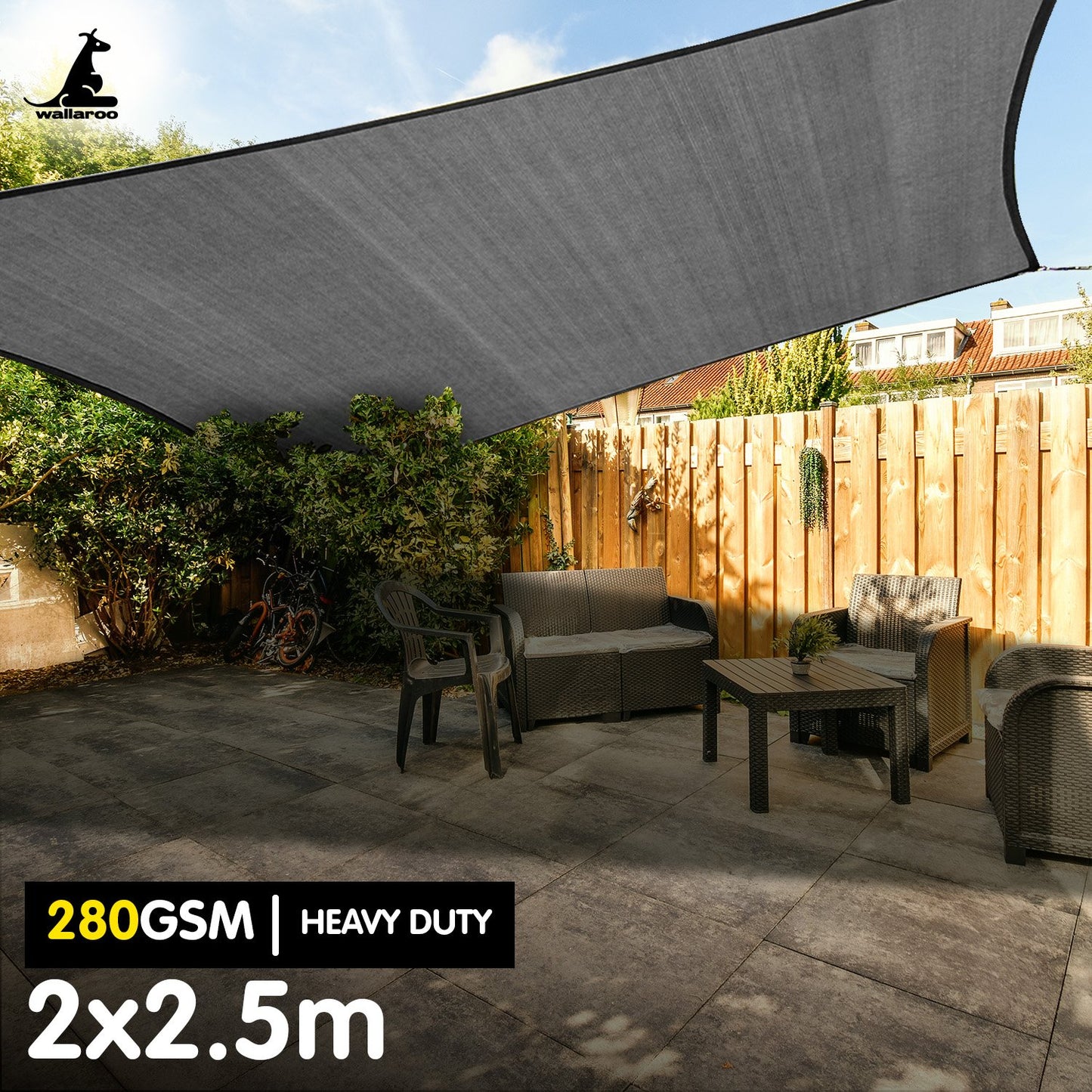 Wallaroo 280gsm Outdoor Sun Shade Sail Canopy Grey - 2m X 2.5m