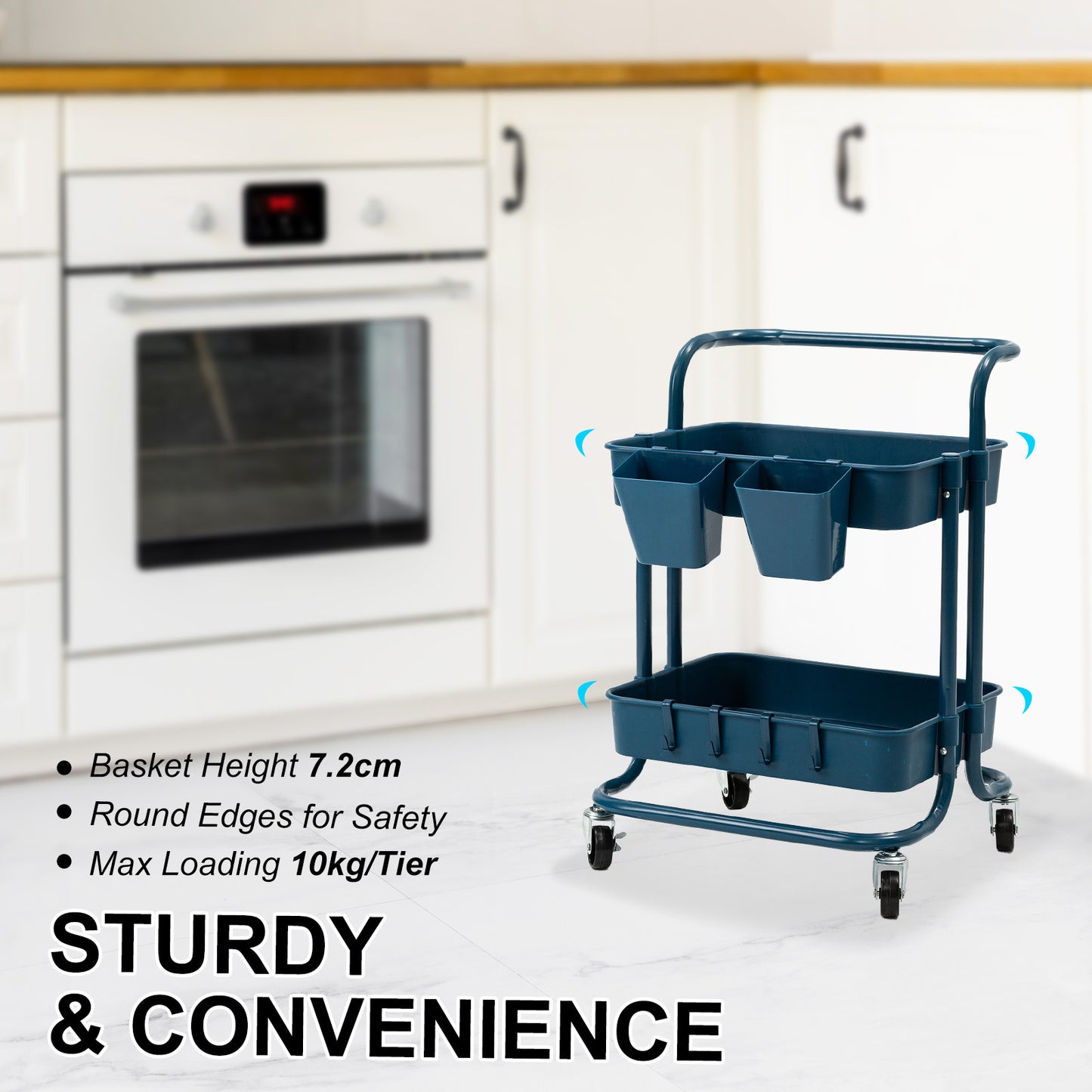 Trolley Cart Storage Utility Rack Shelf Organiser Swivel Kitchen 2 Tier BLUE