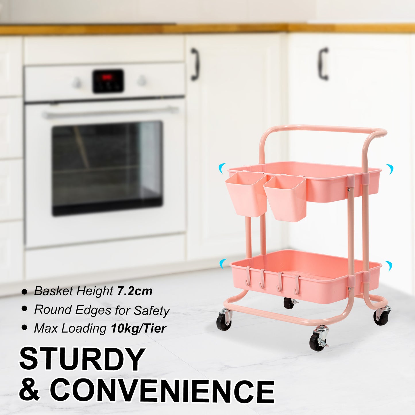 Trolley Cart Storage Utility Rack Shelf Organiser Swivel Kitchen 2 Tier PINK