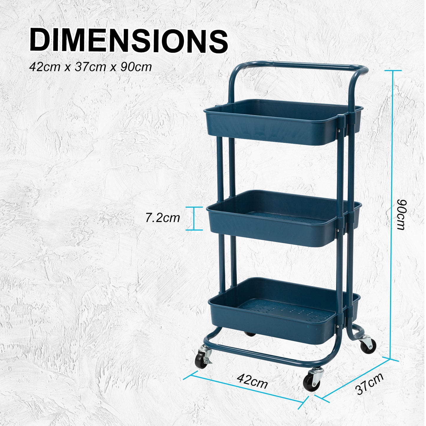 Trolley Cart Storage Utility Rack Shelf Organiser Swivel Kitchen 3 Tier BLUE