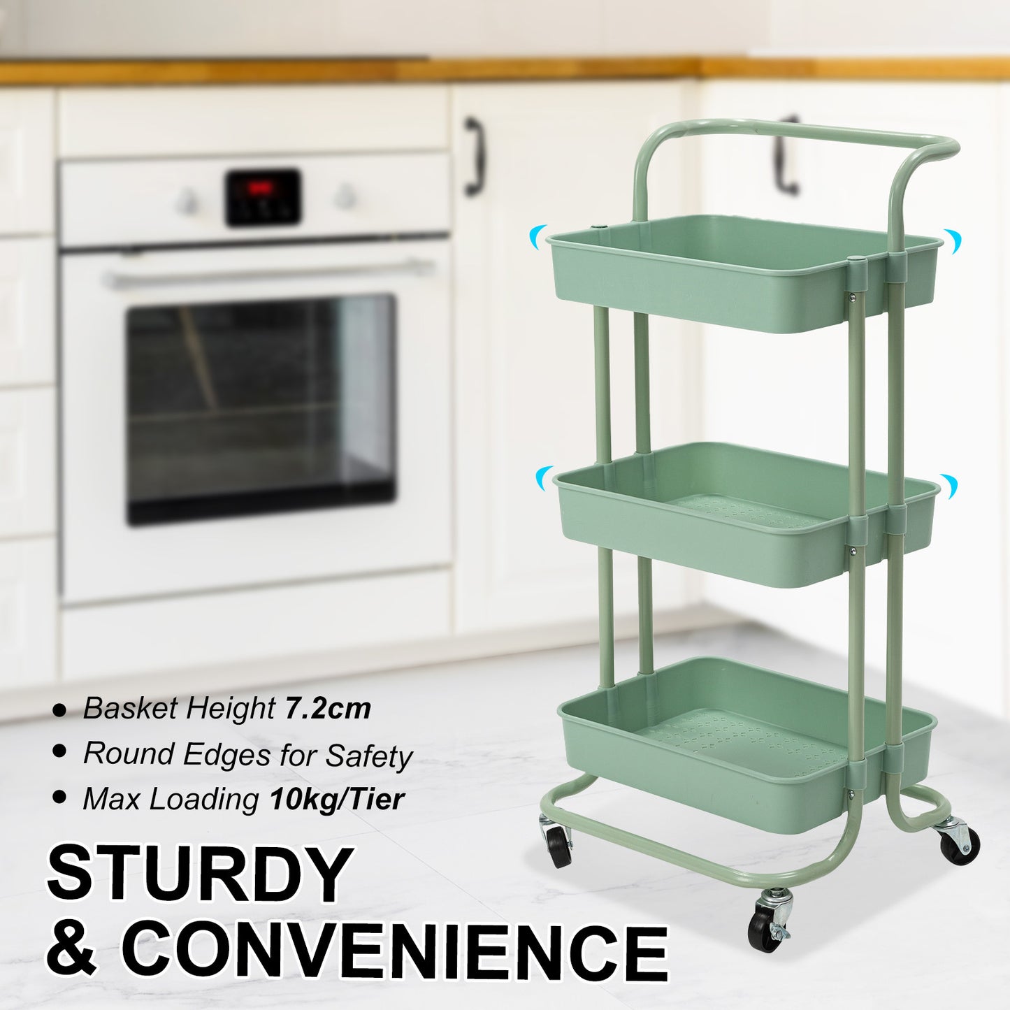 Trolley Cart Storage Utility Rack Shelf Organiser Swivel Kitchen 3 Tier GREEN