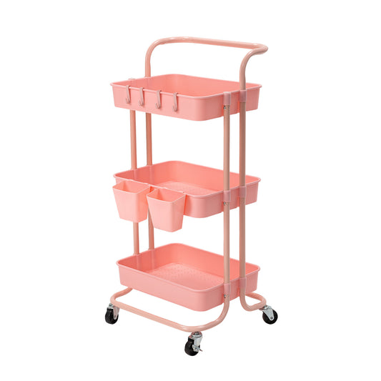 Trolley Cart Storage Utility Rack Shelf Organiser Swivel Kitchen 3 Tier PINK