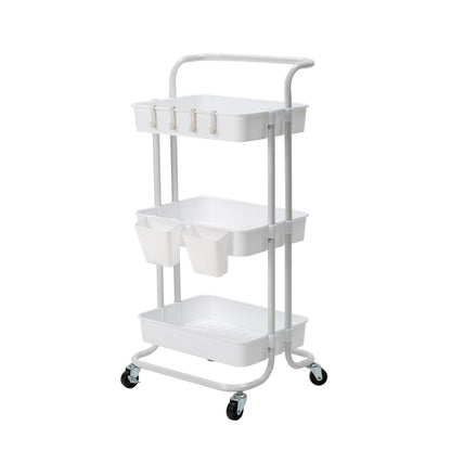 Trolley Cart Storage Utility Rack Shelf Organiser Swivel Kitchen 3 Tier WHITE