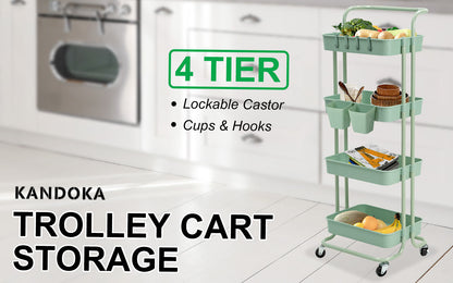 Trolley Cart Storage Utility Rack Shelf Organiser Swivel Kitchen 4 Tier GREEN