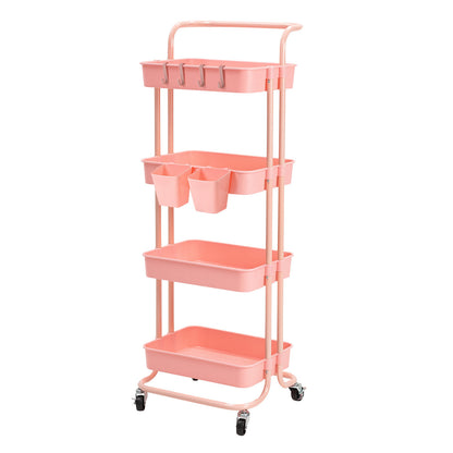 Trolley Cart Storage Utility Rack Shelf Organiser Swivel Kitchen 4 Tier PINK