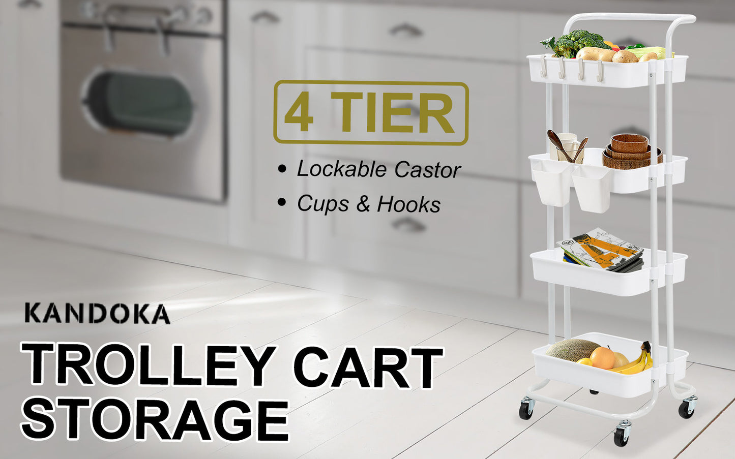 Trolley Cart Storage Utility Rack Shelf Organiser Swivel Kitchen 4 Tier WHITE