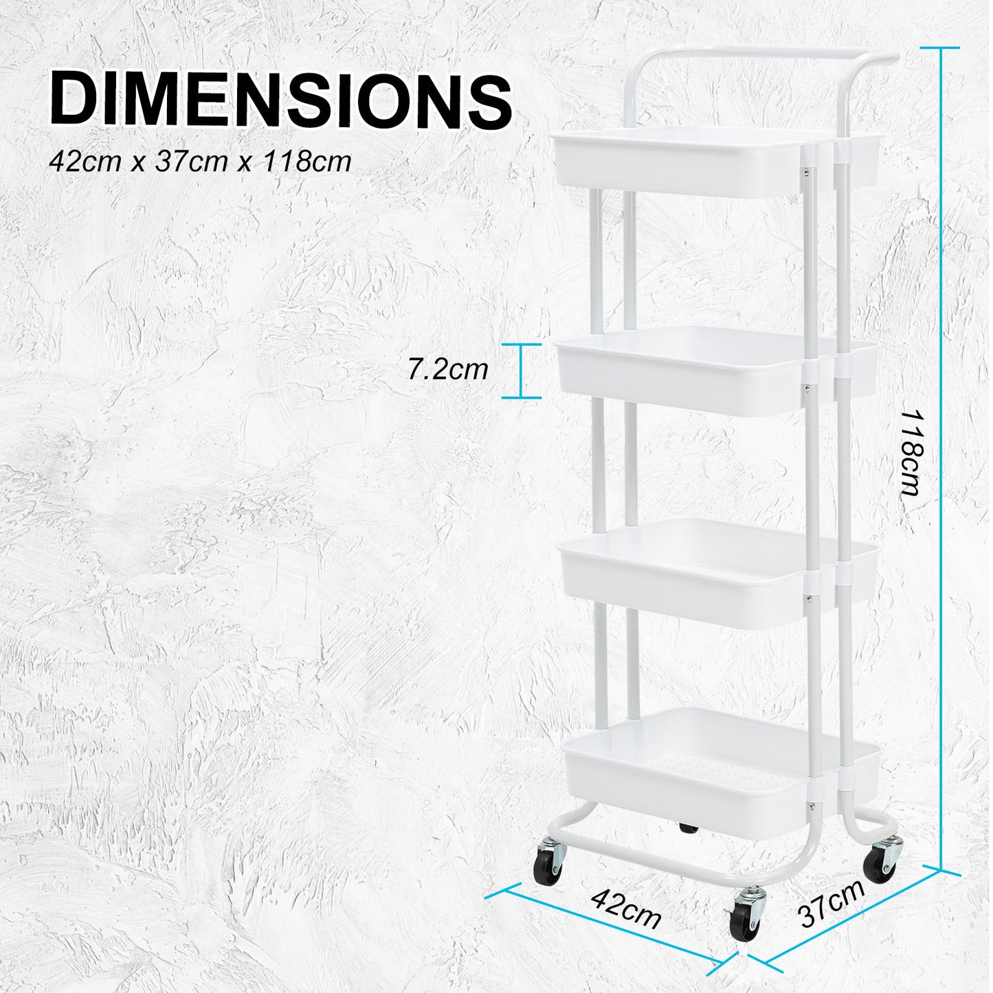 Trolley Cart Storage Utility Rack Shelf Organiser Swivel Kitchen 4 Tier WHITE