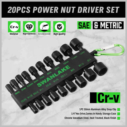 Swanlake 20Pcs Garden Tools Power Nut Driver Set Impact Drill SAE and Metric(will be no tracking)