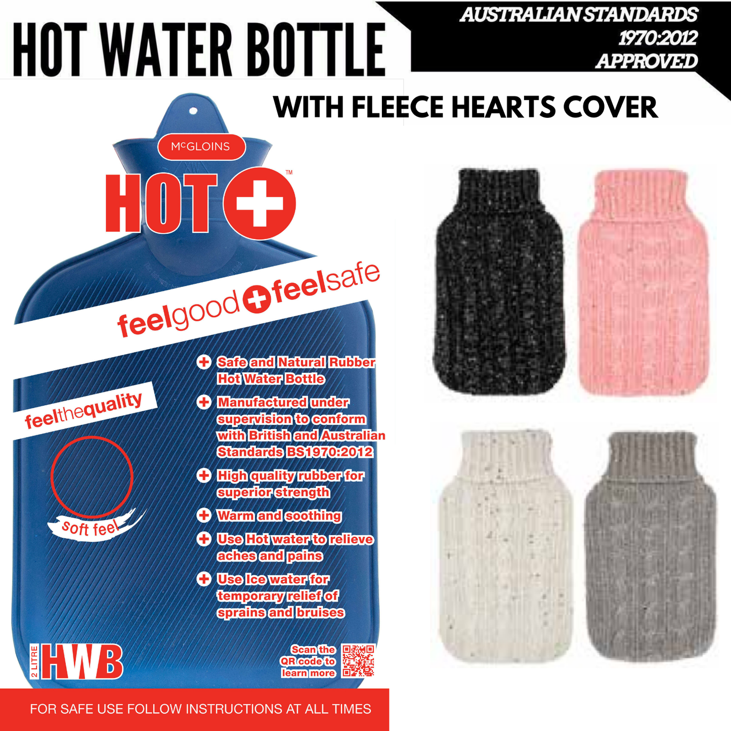 2L HOT WATER BOTTLE with Knit Sparkles Cover Winter Warm Natural Rubber Bag