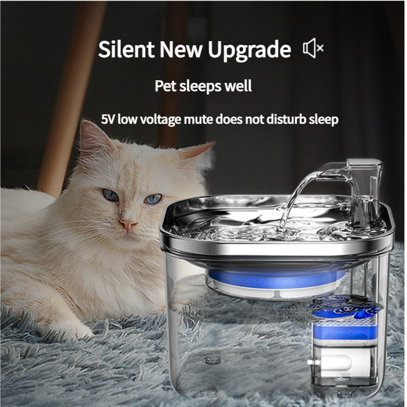 Wired Intelligent Pet Water Fountain with Quiet Sensor and Filter Set – USB Plug Included