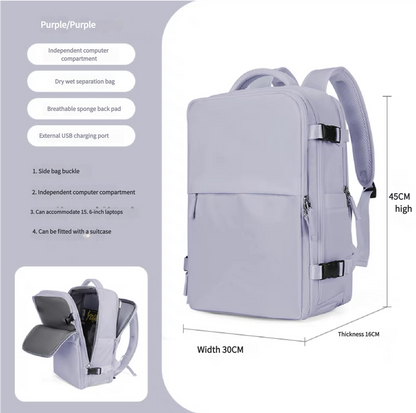 Water-Resistant Laptop Backpack with USB Charging Port and Wet-Dry Separation (Purple)