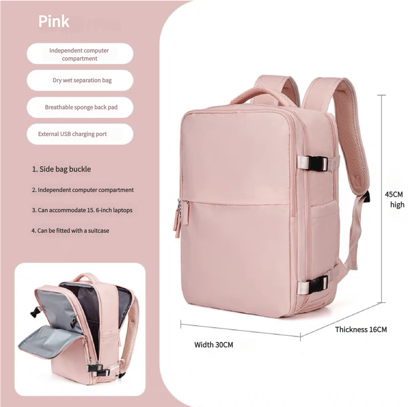 Water-Resistant Laptop Backpack with USB Charging Port and Wet-Dry Separation (Pink)