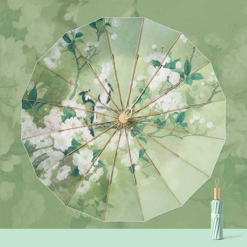 Traditional Chinese Style Folding Umbrella - Green Floral Design with 16-Rib Structure