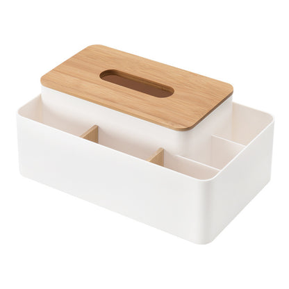 White Multifunctional Tissue Box Organizer - Bamboo Lid with Dividers for Desktop Storage