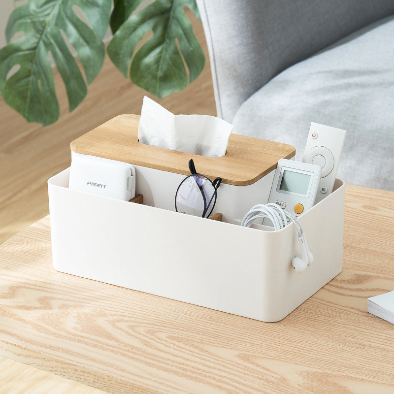 White Multifunctional Tissue Box Organizer - Bamboo Lid with Dividers for Desktop Storage