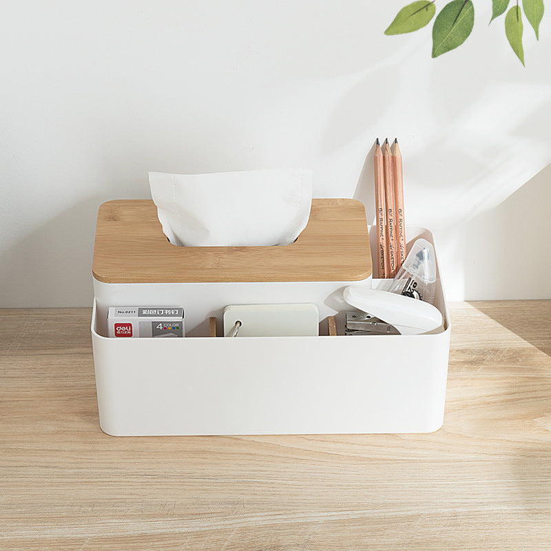 White Multifunctional Tissue Box Organizer - Bamboo Lid with Dividers for Desktop Storage