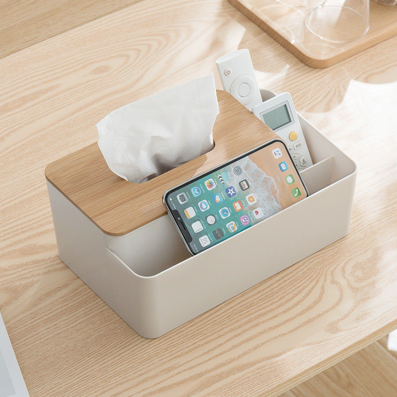 White Multifunctional Tissue Box Organizer - Bamboo Lid with Dividers for Desktop Storage