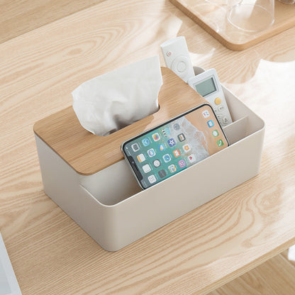 White Multifunctional Tissue Box Organizer - Bamboo Lid with Dividers for Desktop Storage