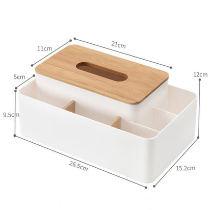 White Multifunctional Tissue Box Organizer - Bamboo Lid with Dividers for Desktop Storage