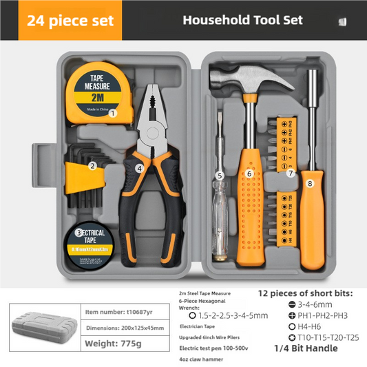 Yellow 24-Piece Household Tool Set, Complete Home Repair Kit with Tape Measure, Pliers, Screwdrivers, Hammer, and 12 Bits Set