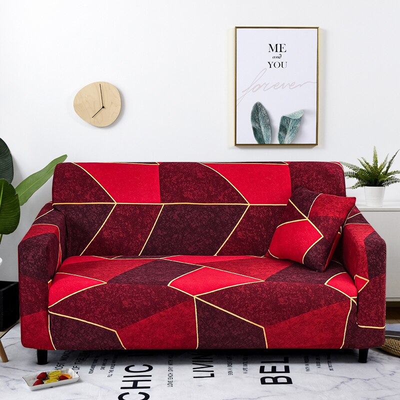 Anyhouz 3 Seater Sofa Cover Red Geometric Style and Protection For Living Room Sofa Chair Elastic Stretchable Slipcover