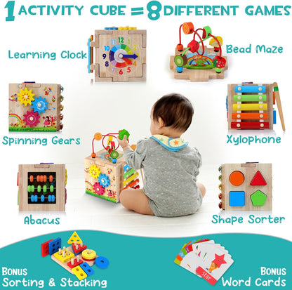 Wooden Kids Baby Activity Cube, 8-in-1 Toys Gift Set for 18M+ Boys & Girls, Multifunctional Activity Cube, Montessori Learning Toys for Toddlers Age 1-3,1st Birthday Gift