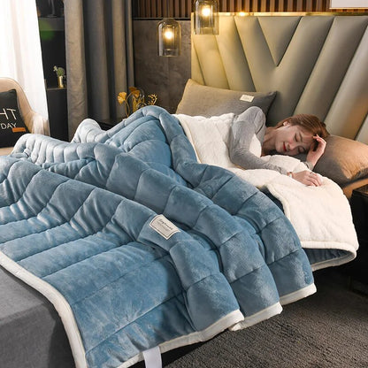 Anyhouz Blanket Light Blue Coral Fleece Autumn Winter Warm 3 Layers Thicken Flannel Soft Comfortable Warmth Quilts Washable 120x200cm