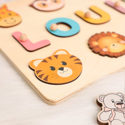 Personalized Baby Name Puzzle with Animals, Handmade Wooden, Custom Baby Girl and Boy Birthday Gift, Montessori Toys for One-Year-Old