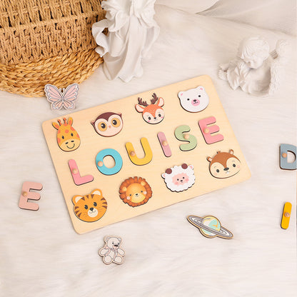 Personalized Baby Name Puzzle with Animals, Handmade Wooden, Custom Baby Girl and Boy Birthday Gift, Montessori Toys for One-Year-Old