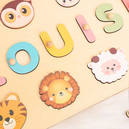 Personalized Baby Name Puzzle with Animals, Handmade Wooden, Custom Baby Girl and Boy Birthday Gift, Montessori Toys for One-Year-Old