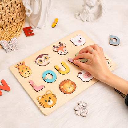 Personalized Baby Name Puzzle with Animals, Handmade Wooden, Custom Baby Girl and Boy Birthday Gift, Montessori Toys for One-Year-Old