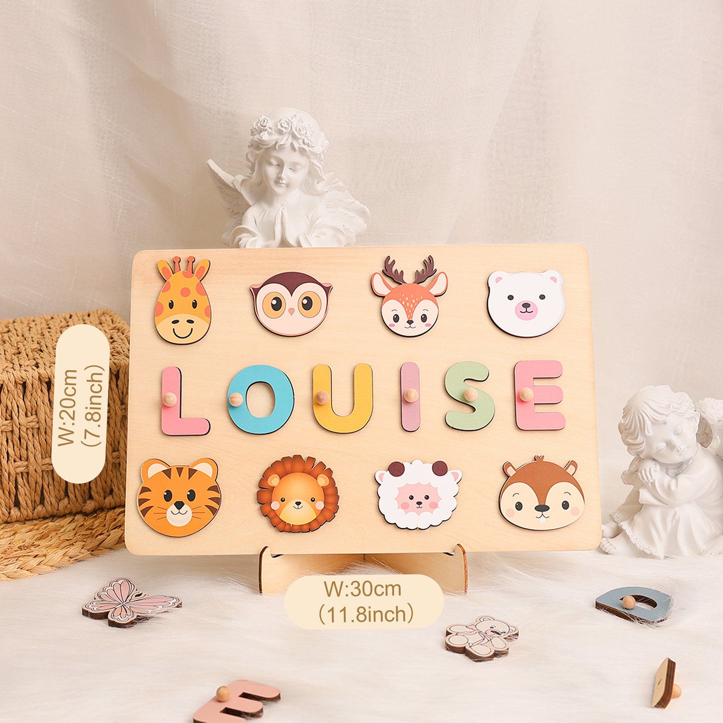 Personalized Baby Name Puzzle with Animals, Handmade Wooden, Custom Baby Girl and Boy Birthday Gift, Montessori Toys for One-Year-Old