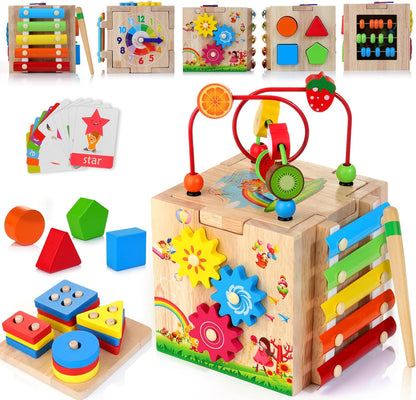 Wooden Kids Baby Activity Cube, 8-in-1 Toys Gift Set for 18M+ Boys & Girls, Multifunctional Activity Cube, Montessori Learning Toys for Toddlers Age 1-3,1st Birthday Gift