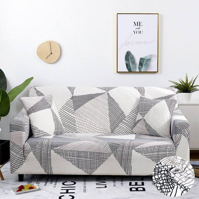 Anyhouz 3 Seater Sofa Cover White Geometric Style and Protection For Living Room Sofa Chair Elastic Stretchable Slipcover