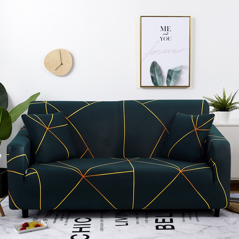 Anyhouz 4 Seater Sofa Cover Dark Green Linear Style and Protection For Living Room Sofa Chair Elastic Stretchable Slipcover