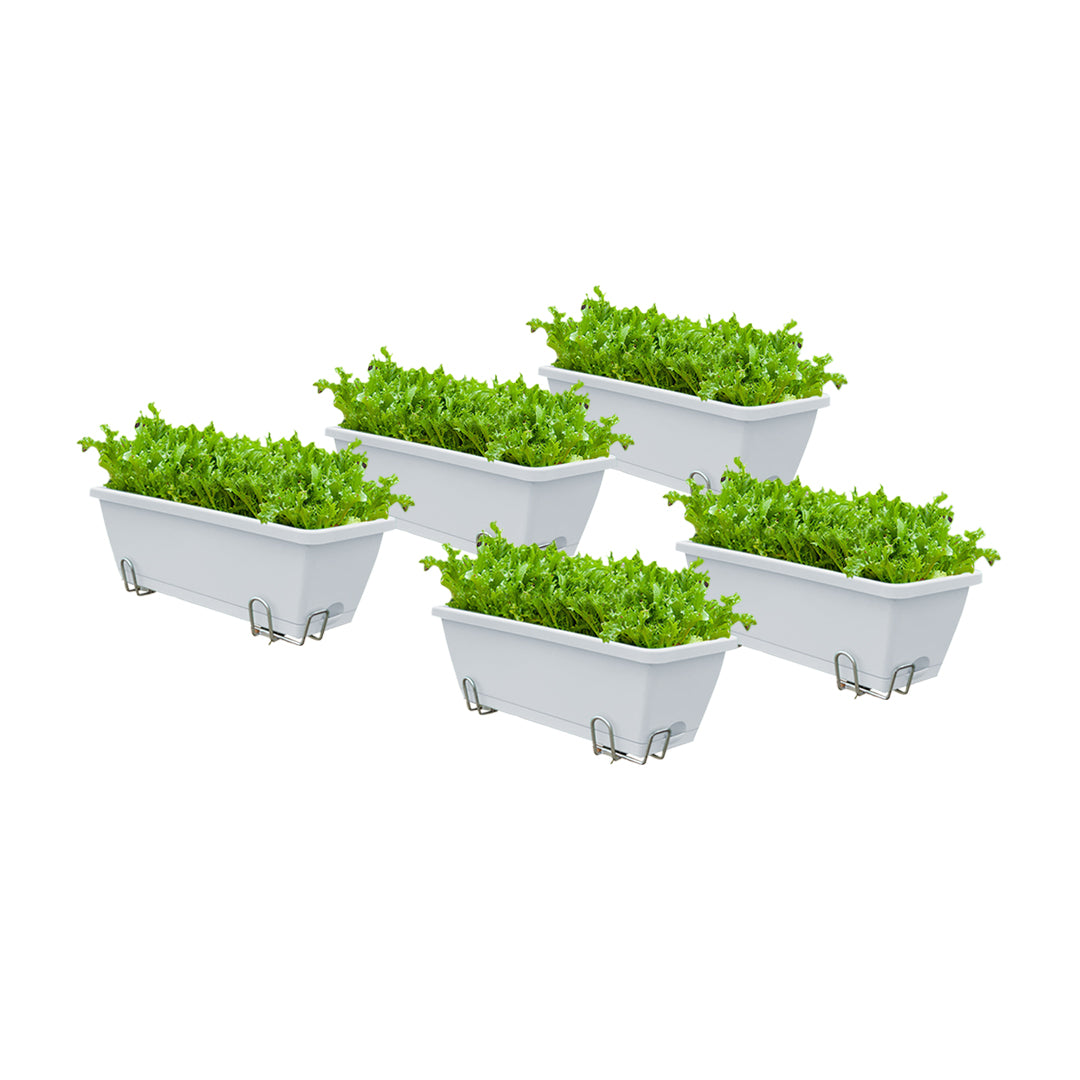 SOGA 49.5cm White Rectangular Planter Vegetable Herb Flower Outdoor Plastic Box with Holder Balcony Garden Decor Set of 5