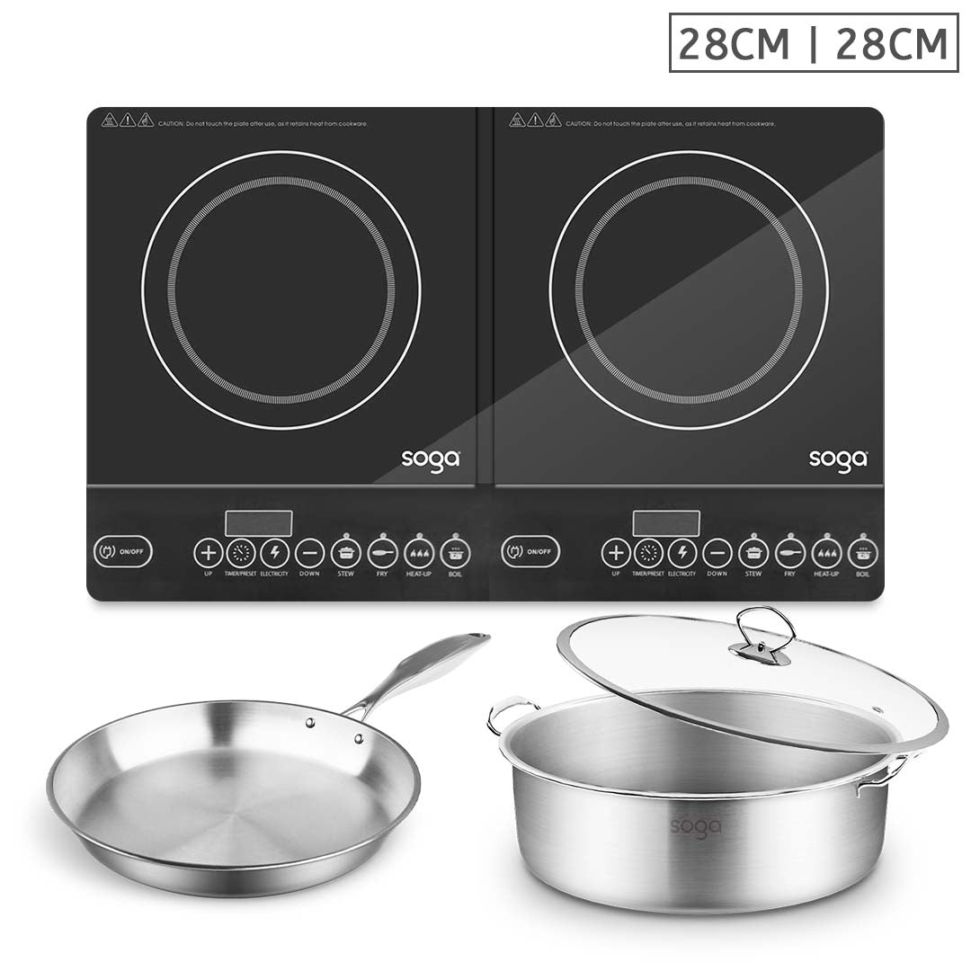 SOGA Dual Burners Cooktop Stove 28cm Stainless Steel Induction Casserole and 28cm Fry Pan