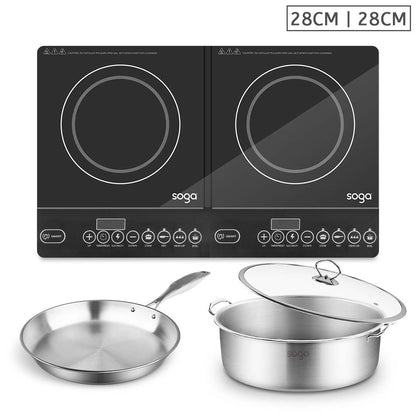 SOGA Dual Burners Cooktop Stove 28cm Stainless Steel Induction Casserole and 28cm Fry Pan